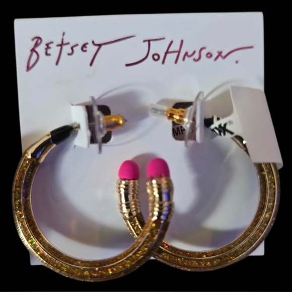 BETSEY JOHNSON Small Back to School Glittery Gold Pencil Hoop Earrings NEW NWT - Picture 5 of 6